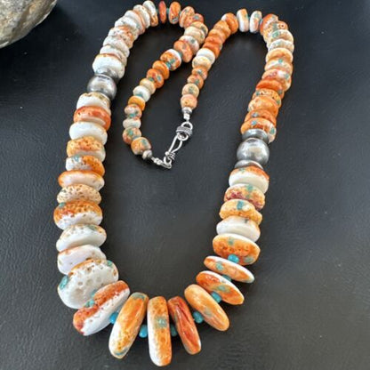 Navajo Blue Turquoise & Spiny Oyster Graduated Necklace | Sterling Silver | Authentic Native American | 24" | 16263 - Masha USA