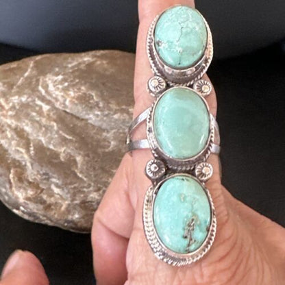 Navajo Blue Dry Creek Turquoise Multi-Stone Ring | Authentic Native American Sterling Silver | Sz 10 | 16733