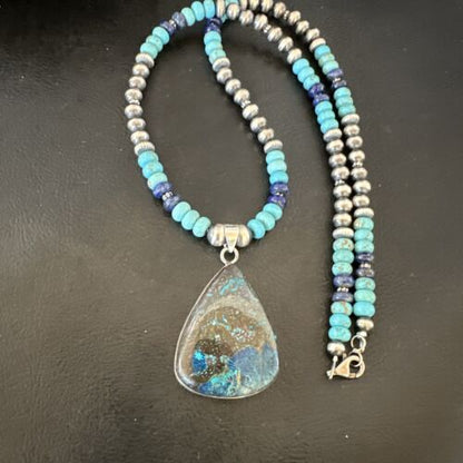 Blue Turquoise Jasper Pendant | Lapis Navajo Pearls | Sterling Silver Necklace 16927 - Masha USA