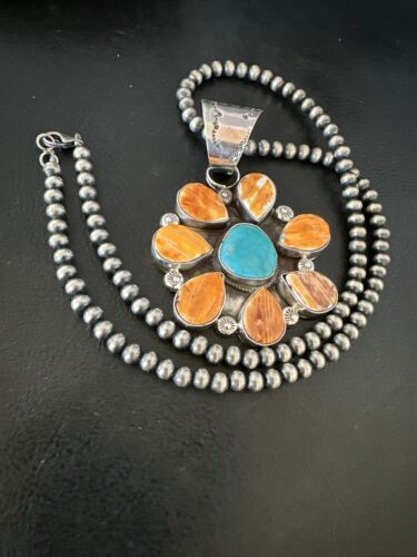 Navajo Blue Turquoise | Spiny Oyster Pendant Necklace | Sterling Silver | Multi-Stone | 16834
