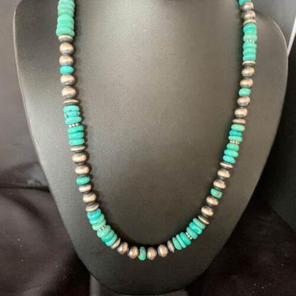 Navajo Pearls Blue Turquoise Necklace | Sterling Silver | Men's Women's | Authentic Native American Handmade | 20" | 13416