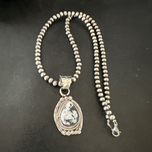 White Buffalo Turquoise Pendant | Navajo Pearls | Sterling Silver Necklace 21" | 17328 - Masha USA