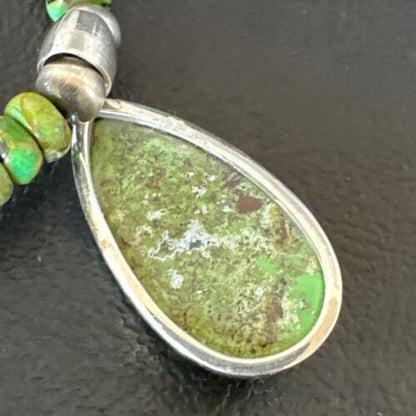 Navajo Green Turquoise Pendant Necklace | Sterling Silver Pearls | Authentic Native American Handmade | 16234