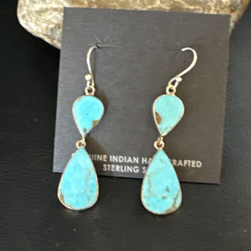 Navajo Blue Kingman Turquoise Dangle Earrings | Sterling Silver | Authentic Native American Handmade | 15119