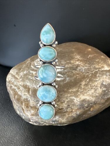 Navajo Blue Larimar Cluster Ring | Authentic Native American Sterling Silver | Multi-Stone | Sz 8.5 | 16153