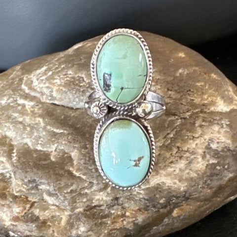 Women Blue Dry Creek Turquoise 2 Stone Navajo Sterling Silver Ring Size 9.5 16737