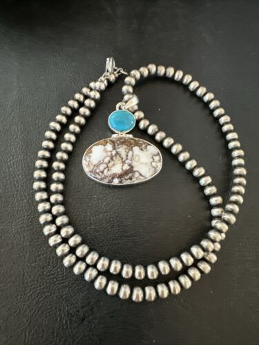 Navajo Wild Horse | Blue Kingman Turquoise Necklace | Sterling Silver | Authentic Native American Handmade | 17309