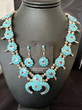 Zuni Turquoise Squash Blossom Necklace with Naja Earrings | Sterling Silver | Native American Handmade | 16167