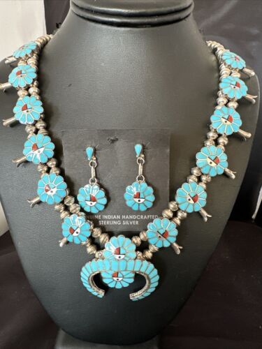 Zuni Turquoise Squash Blossom Necklace with Naja Earrings | Sterling Silver | Native American Handmade | 16167
