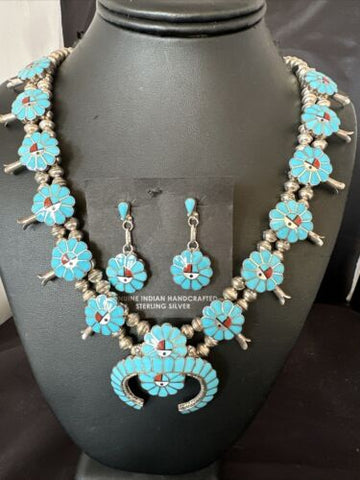 ZUNI Turquoise Sterling Silver Squash Blossom Necklace NAJA Earrings 16167