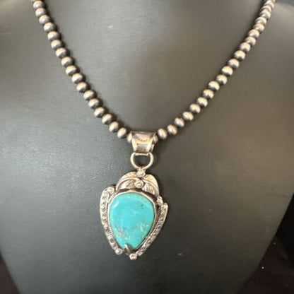Navajo Blue Turquoise Pendant Necklace | Sterling Silver Pearls | Authentic Native American Handmade | 15646