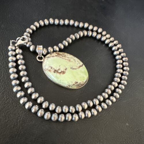 Navajo Green Gaspeite Pendant Necklace | Sterling Silver | Authentic Native American Handmade | 15489