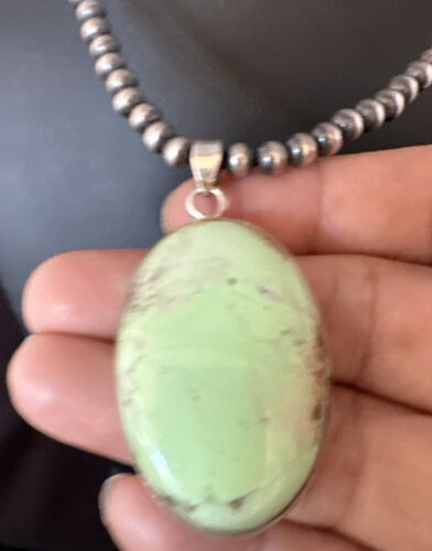 Navajo Green Gaspeite Pendant Necklace | Sterling Silver | Authentic Native American Handmade | 15490
