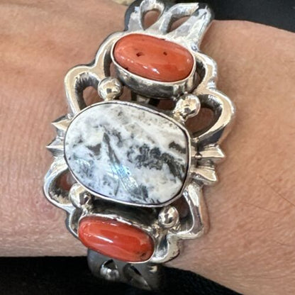 White Buffalo Turquoise Coral Navajo Tufa Cuff Bracelet | Sterling Silver | Authentic Native American Handmade | 16408