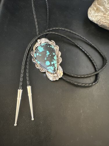 Men's Blue Spiderweb Turquoise Bolo Tie | Navajo Sterling Silver | Authentic Native American Handmade | 15008