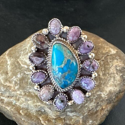 Navajo Cluster Blue Kingman Turquoise Charoite Ring | Authentic Native American Sterling Silver | Multi-Stone | Sz 9 | 17179