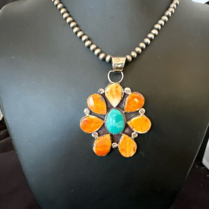 Navajo Blue Turquoise | Spiny Oyster Pendant Necklace | Sterling Silver | Multi-Stone | 16863