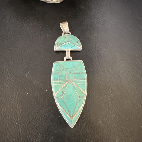 Navajo Sterling Silver Pendant with Gorgeous Blue Turquoise Inlay | Authentic Native American | 3.25" | 15178