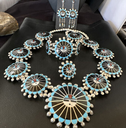 Zuni Ultra Rare Sunface Onyx Turquoise Inlay Squash Blossom Necklace Bracelet | Sterling Silver | 16679