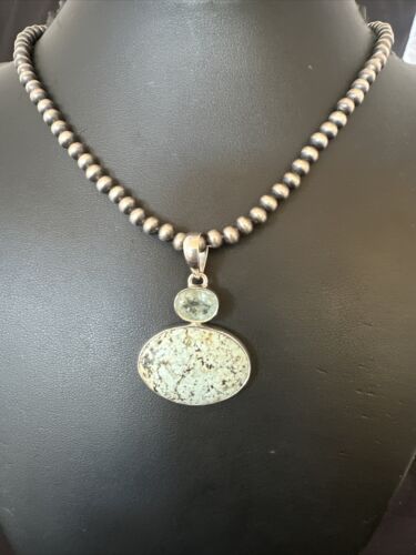 Navajo Dry Creek Turquoise Topaz Pendant Necklace | Sterling Silver | Authentic Native American Handmade | 16438