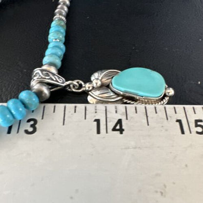 Navajo Blue Turquoise Pendant with Pearls | Sterling Silver Necklace | Authentic Native American Handmade | 15416