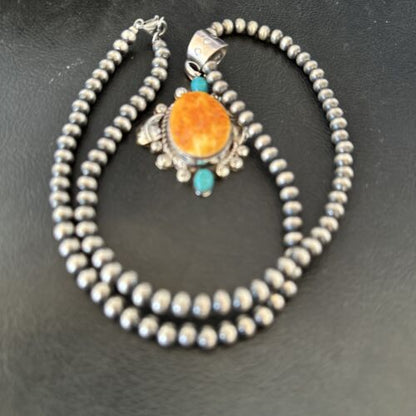 Navajo Orange Spiny Oyster Blue Turquoise Pendant Necklace | Sterling Silver | 20" | 16459