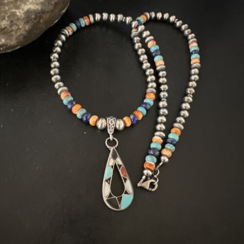 Navajo Spiny Oyster Turquoise Lapis Inlay Pendant Necklace | Sterling Silver | 21" | Authentic Native American Handmade | 16768