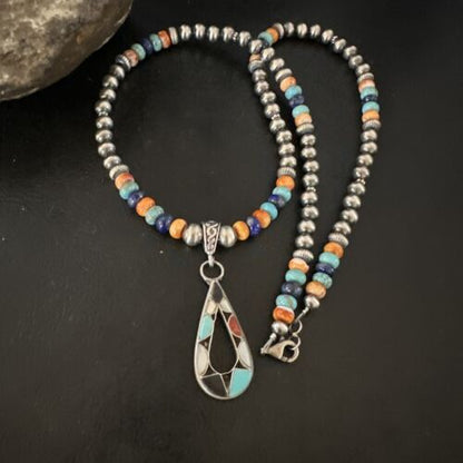 Navajo Spiny Oyster Turquoise Lapis Inlay Pendant Necklace | Sterling Silver | 21" | Authentic Native American Handmade | 16768