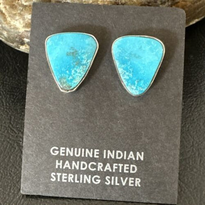 Navajo Blue Kingman Turquoise Post Stud Earrings | Sterling Silver | Authentic Native American Handmade | 17412