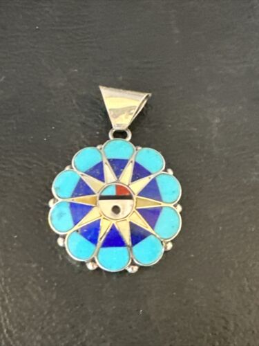 Zuni Sun Face Pendant | Turquoise, Mother of Pearl, Onyx Inlay | Sterling Silver | Native American Handmade | 15179