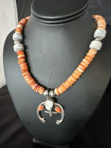Navajo White Buffalo Turquoise Spiny Naja Pendant Necklace | Sterling Silver | 23" | 14930