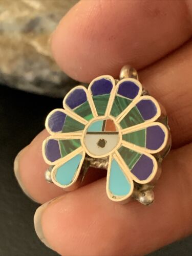 Zuni Sunface Turquoise Lapis Malachite Inlay Pendant | Sterling Silver | 1" | Authentic Native American Handmade | 1183
