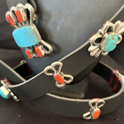 Men's Kingman Turquoise Coral Concho Belt | Sterling Silver | Navajo Tufa | 16681