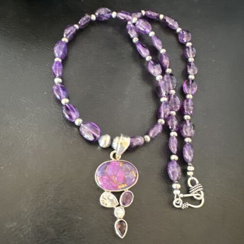 Mojave Turquoise Amethyst Pendant Necklace | Navajo Pearls | Sterling Silver | Native American Handmade | 16097