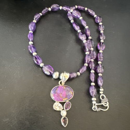 Mojave Turquoise Amethyst Pendant Necklace | Navajo Pearls | Sterling Silver | Native American Handmade | 16097