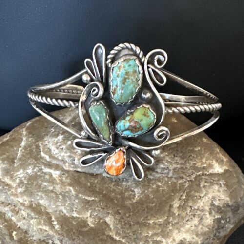 Navajo Royston Turquoise Spiny Cuff Bracelet | Sterling Silver Tufa Cast | Authentic Native American Handmade | 16776