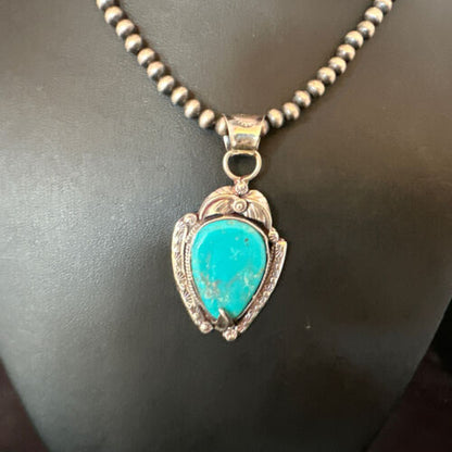 Navajo Blue Turquoise Pendant Necklace | Sterling Silver Pearls | Authentic Native American Handmade | 15646