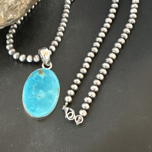 Navajo Blue Kingman Turquoise Pendant Necklace | Sterling Silver | 20" | Authentic Native American Handmade | 16995