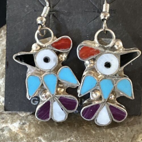 Zuni Peyote Bird Earrings | Coral Turquoise Onyx Inlay | Sterling Silver | 17137