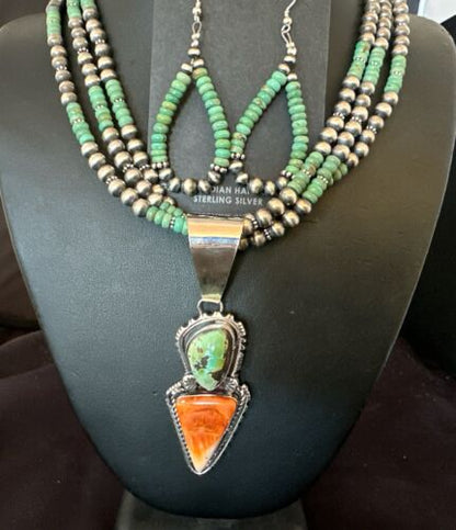 Navajo Royston Turquoise Spiny Pendant Set | Authentic Native American Sterling Silver | 3" | Handmade | 16813