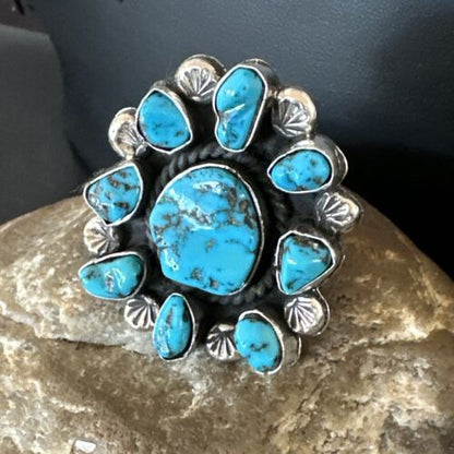 Navajo Kingman Turquoise Cluster Ring | Authentic Native American Sterling Silver | Multi-Stone | Sz 9.5 | 17422