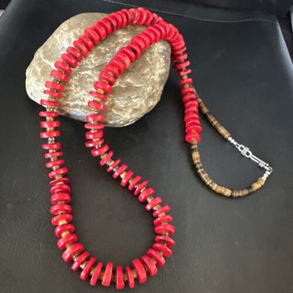 Navajo Red Coral Shell Bead Necklace | Sterling Silver | 30" | Authentic Native American Handmade | 15284