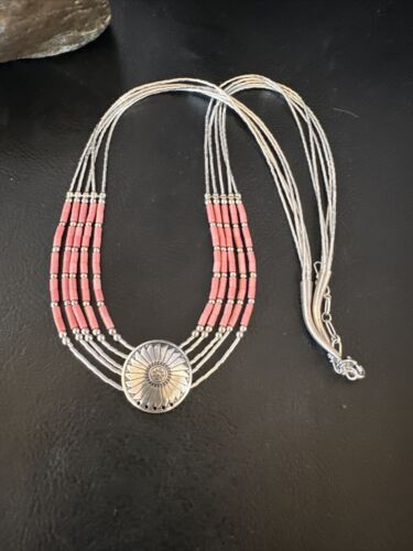 Navajo Concha Pink Conch Heishi 5-Strand Liquid Sterling Silver Necklace 20" | Southwestern Jewelry 15873