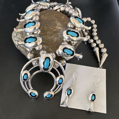 Navajo Turquoise Shadowbox Squash Blossom Necklace & Earrings | Sterling Silver | 16542