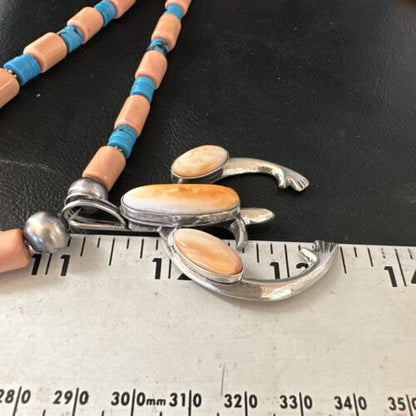 Navajo Pink Conch and Blue Turquoise Necklace | Sterling Silver Naja Pendant | Authentic Native American Handmade | 15147