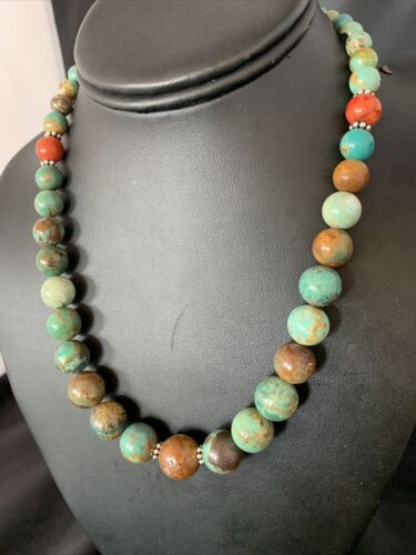 Navajo Green Turquoise & Apple Coral Graduated Necklace | Sterling Silver | Authentic Native American | 18" | 13204