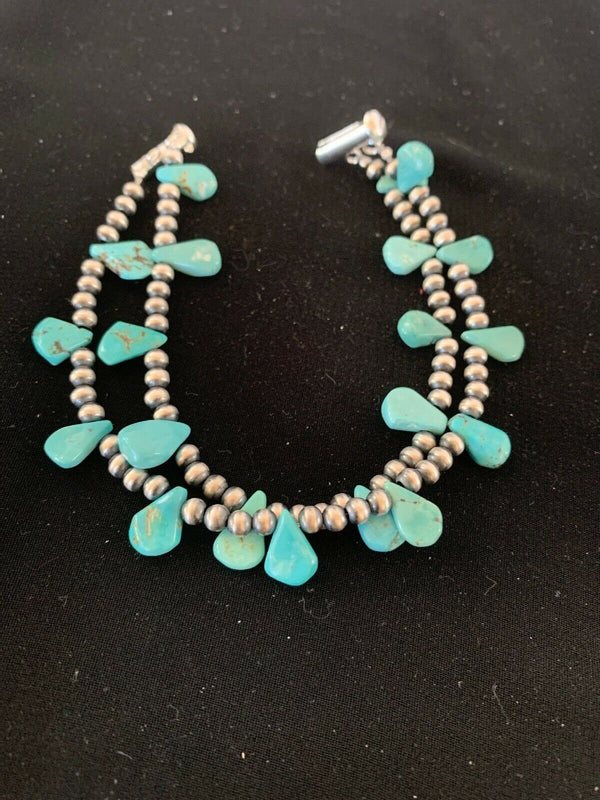 Native American Navajo Pearls Bracelet | Sterling Silver Blue Turquoise | 3173