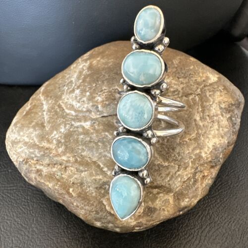 Navajo Blue Larimar Multi-Stone Cluster Ring | Authentic Native American Sterling Silver | Sz 9.5 | 16607