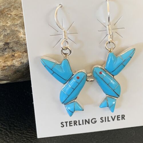 Navajo Blue Turquoise Hummingbird Earrings | Sterling Silver | 1" | Authentic Native American Handmade | 01424