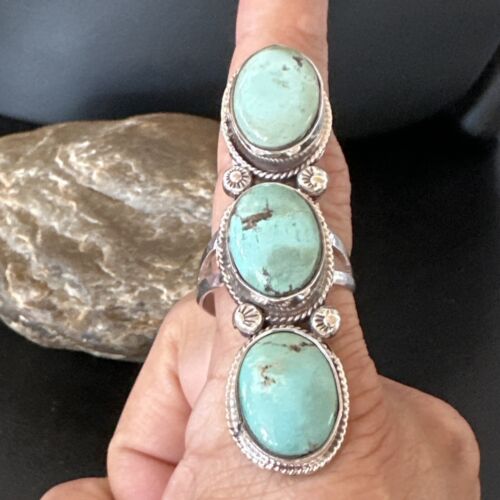 Navajo Blue Dry Creek Turquoise 3-Stone Ring | Authentic Native American Sterling Silver | Multi-Stone | Sz 11 | 16734